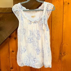 GIUSY of Italy Silk sleeveless top with blue print and scoop neck tie.